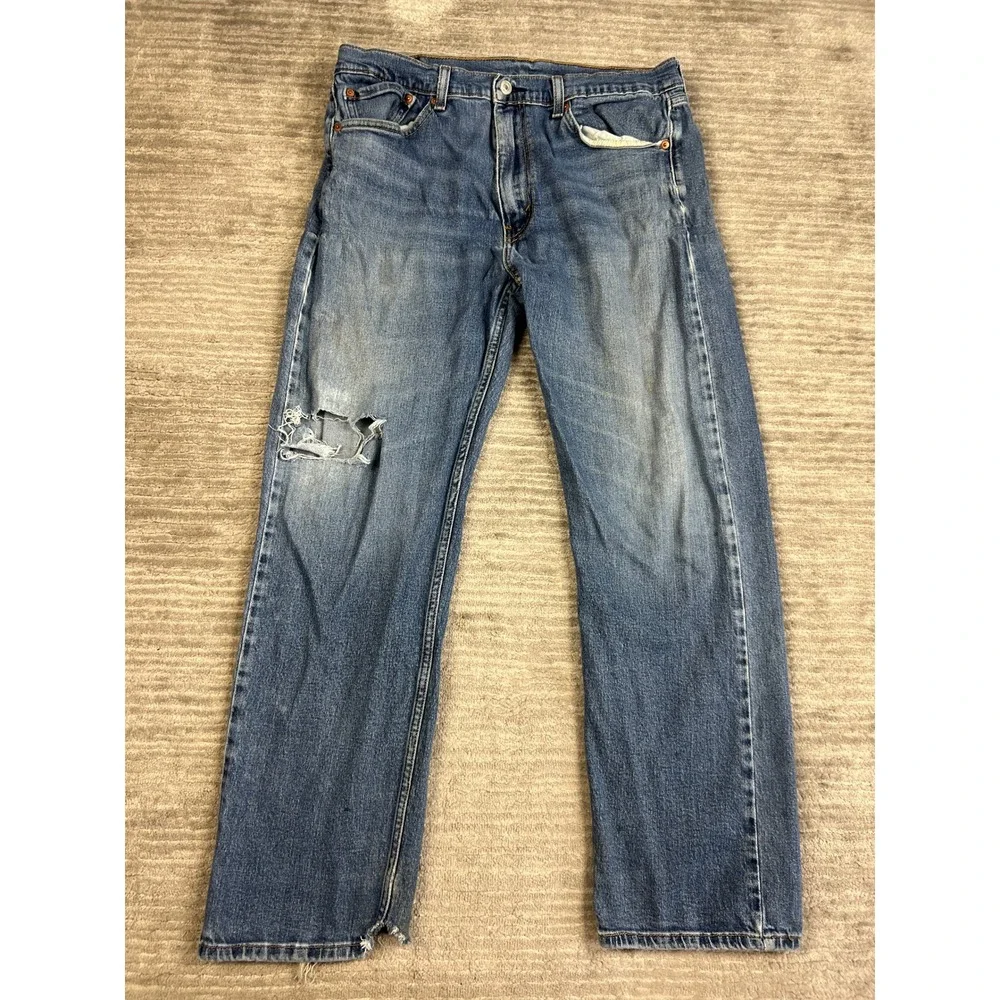 Levi's Jeans Mens 36x32 Blue 505 Straight Fit Distressed Medium Wash Denim
